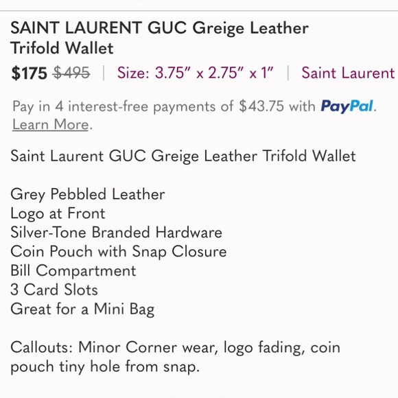 SAINT LAURENT GUC Greige Leather Trifold Wallet - Picture 2 of 14